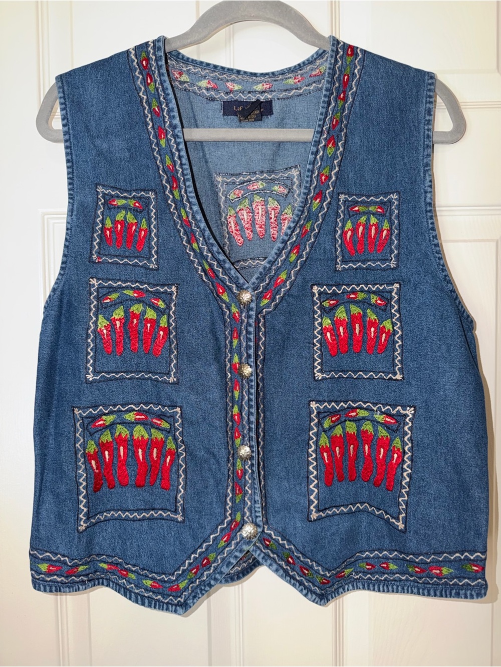 Life Style Women's Embroidered Denim Vest in Blue with Red Chili Pepper Accents